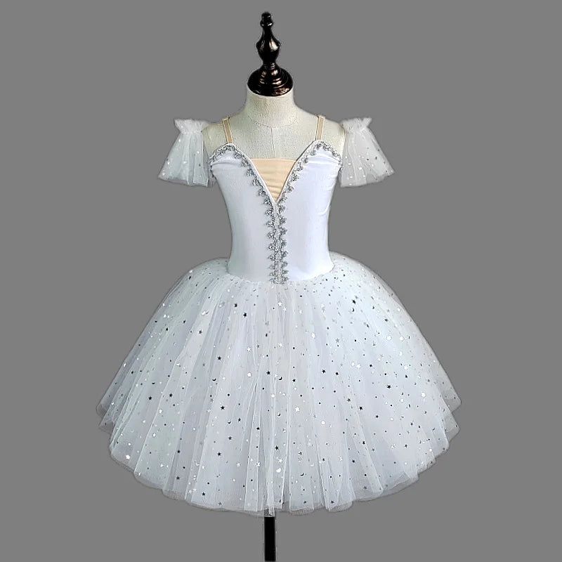 Professional Gradient Ballet Tutu Dress Kids Shiny Sequins Long Gauze Skirt Children Group Performance Outfits Princess Gown