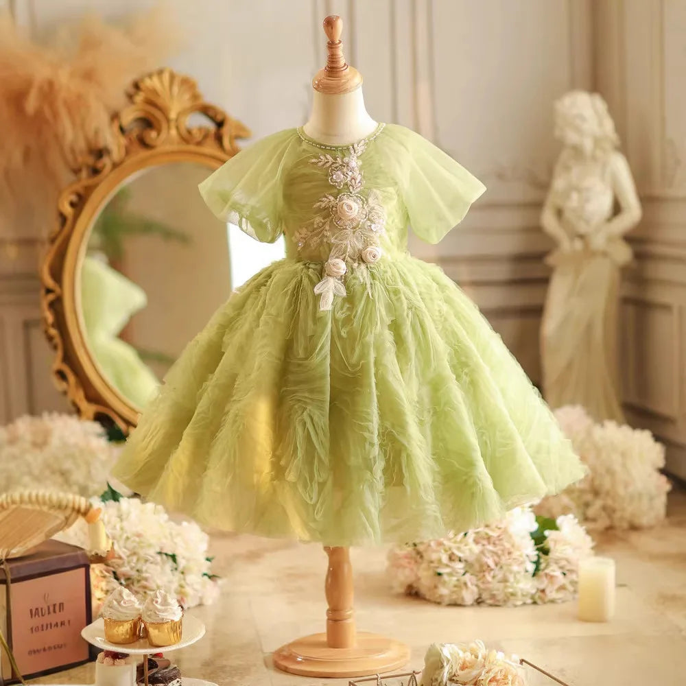 Elegant Green Flower Girls Dress for Wedding Kids Piano Competition Gown Children Host Performance Wear Birthday Party Outfits