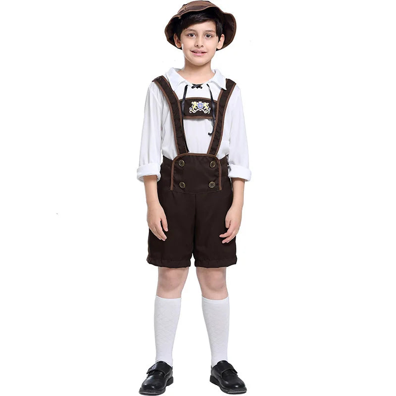 Bavarian German Oktoberfest Costume for Boys Kids Retro Alpine Boy Outfit Children Khaki Brown Suspender Pants Halloween Party