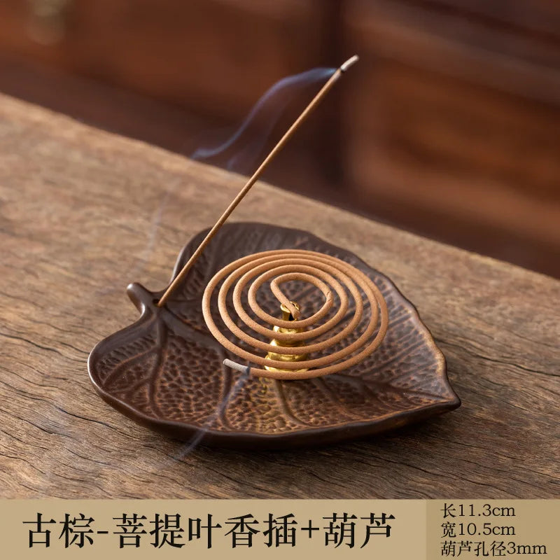 Ceramic Incense Ash Catcher & Holder - Multi-Functional Leaf-Shaped Tray for Spiral/Coil & Stick Incense, Antique Style Tool