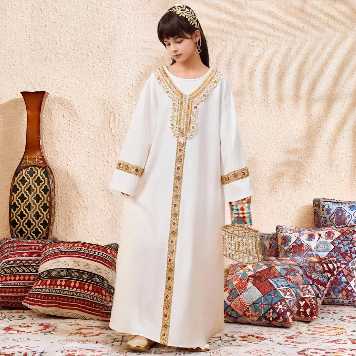 Elegant Lace Girls Princess Dress Long Sleeve Kids Gold Trim Gown Children Loose Kaftan Dress for Spring Autumn Party Vestidos