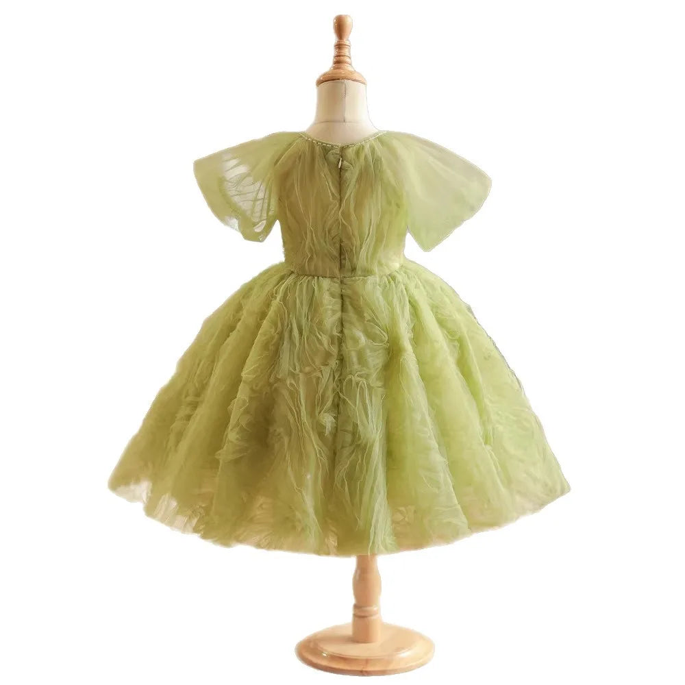 Elegant Green Flower Girls Dress for Wedding Kids Piano Competition Gown Children Host Performance Wear Birthday Party Outfits