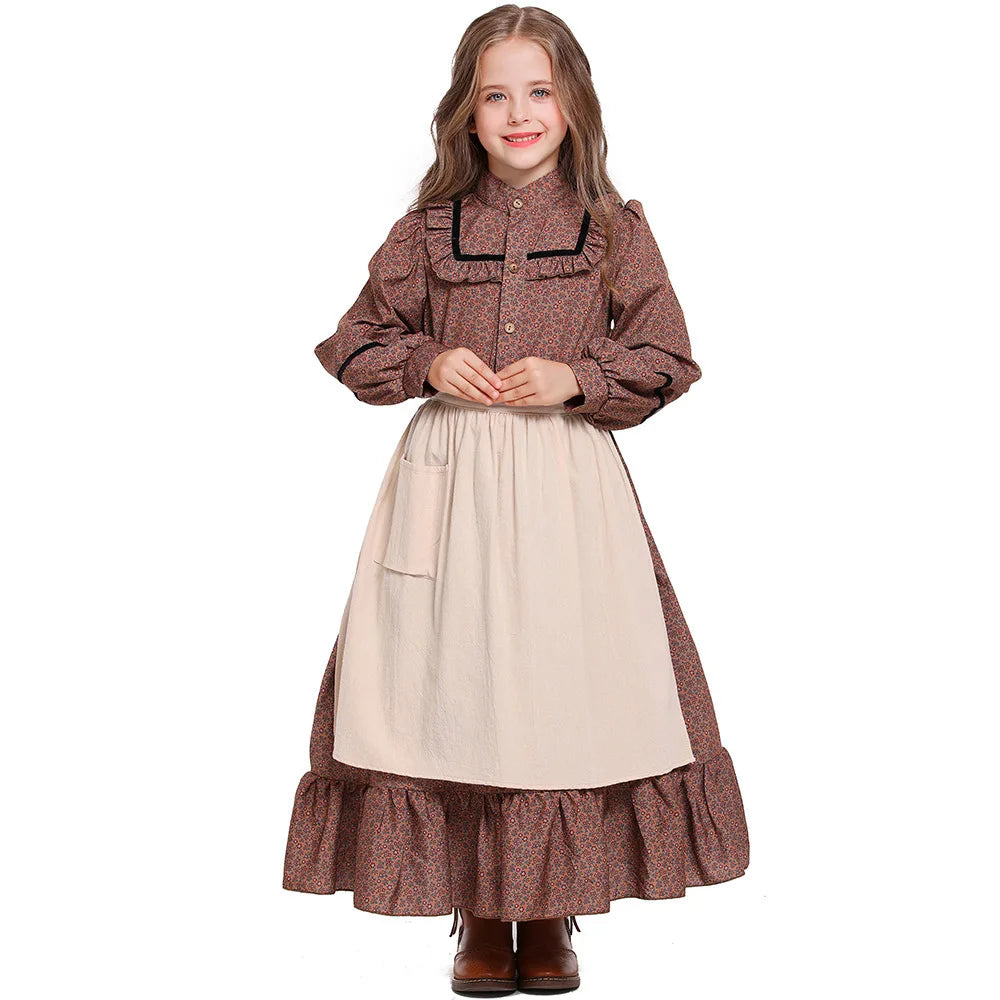 Girls Prairie Pioneer Costume Kids Colonial Floral Dress Children Retro European Village Maid Outfits Halloween Carnival Wear