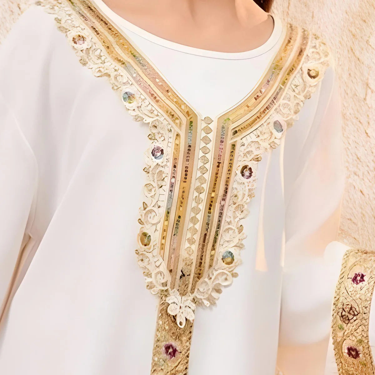 Elegant Lace Girls Princess Dress Long Sleeve Kids Gold Trim Gown Children Loose Kaftan Dress for Spring Autumn Party Vestidos
