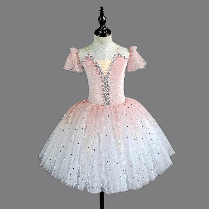 Professional Gradient Ballet Tutu Dress Kids Shiny Sequins Long Gauze Skirt Children Group Performance Outfits Princess Gown