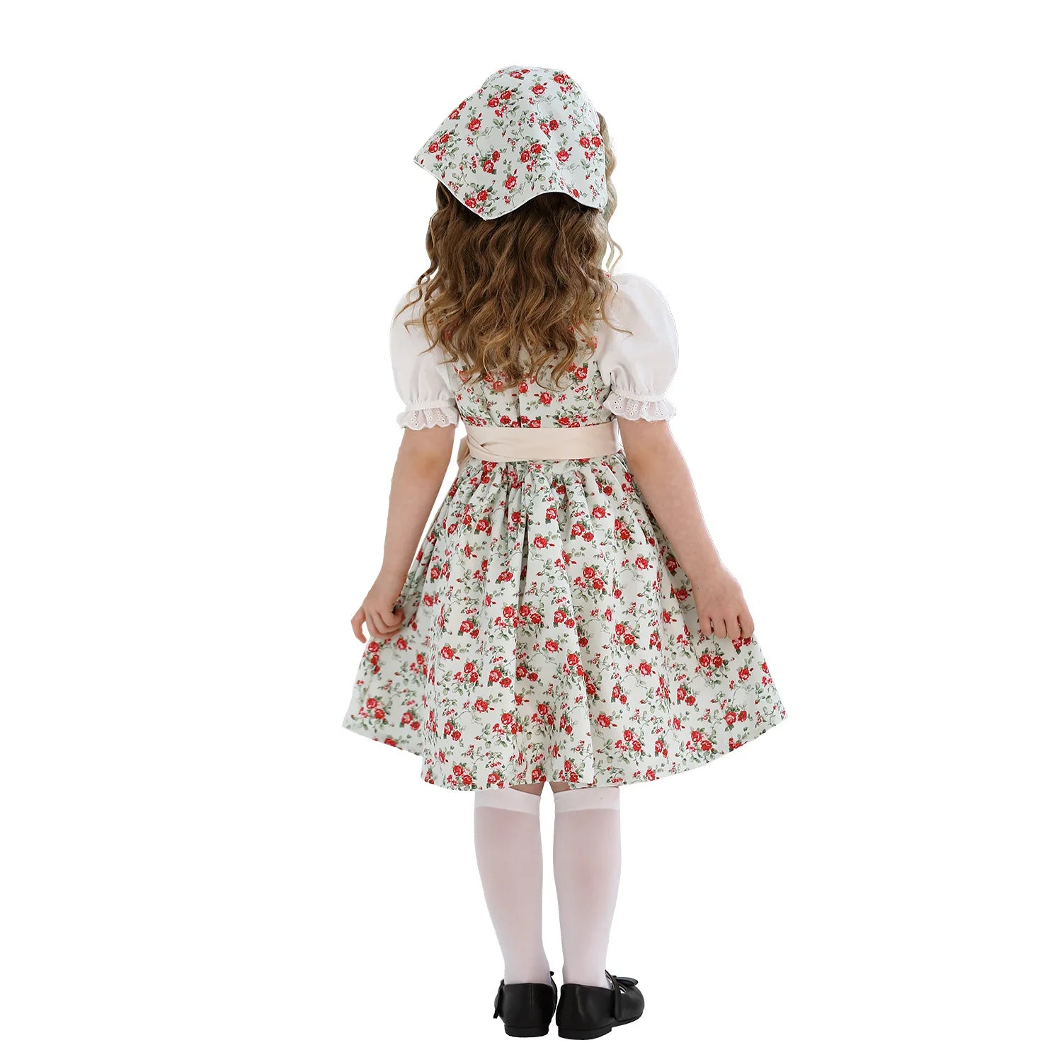 Vintage Pastoral Style Girls Dress with Apron Headscarf Kids Retro Farmhouse Maid Costume Children Stage Performance Clothing