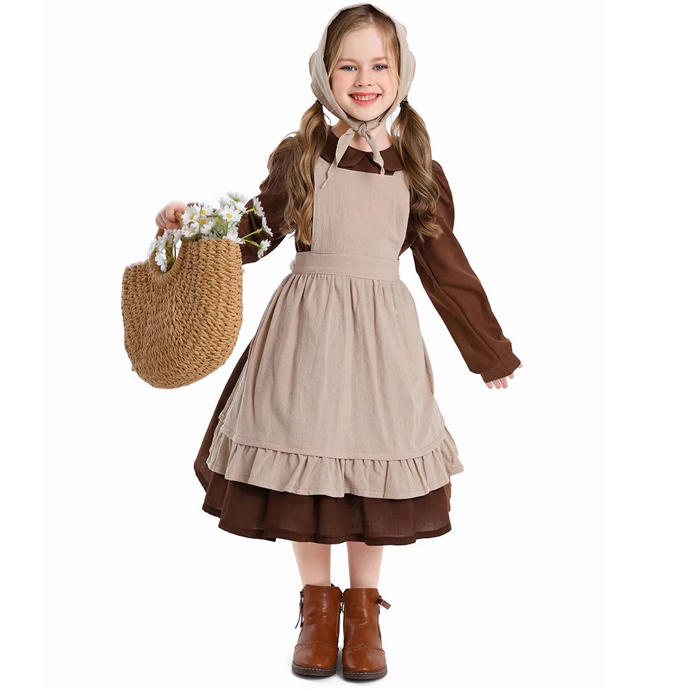 Costume for Girls Kids Retro Peasant Dress Children Fairy Tale Role Play Stage Performance Halloween Party Wear