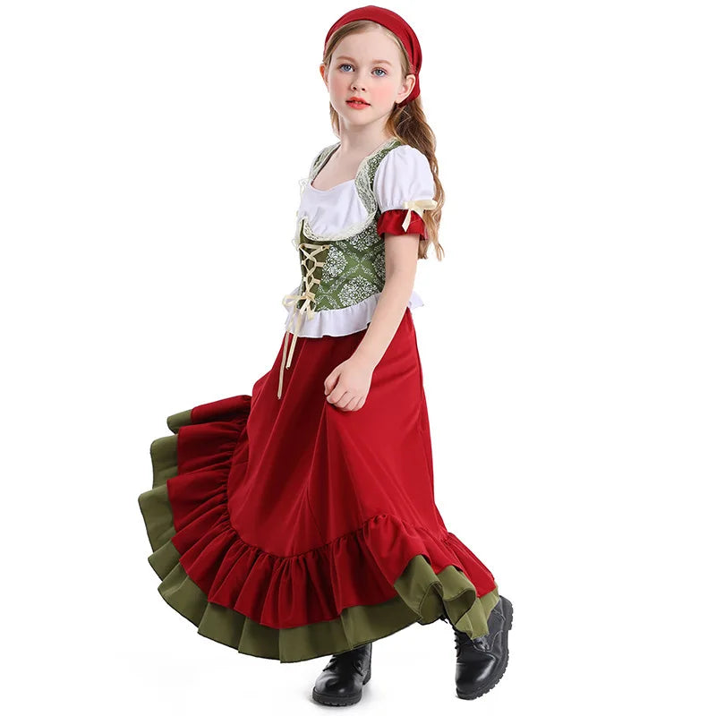 Wine Red Girl German Oktoberfest Costume Kids Bavarian 2-Piece Long Dress Children Beer Festival Dance Outfit Halloween Carnival
