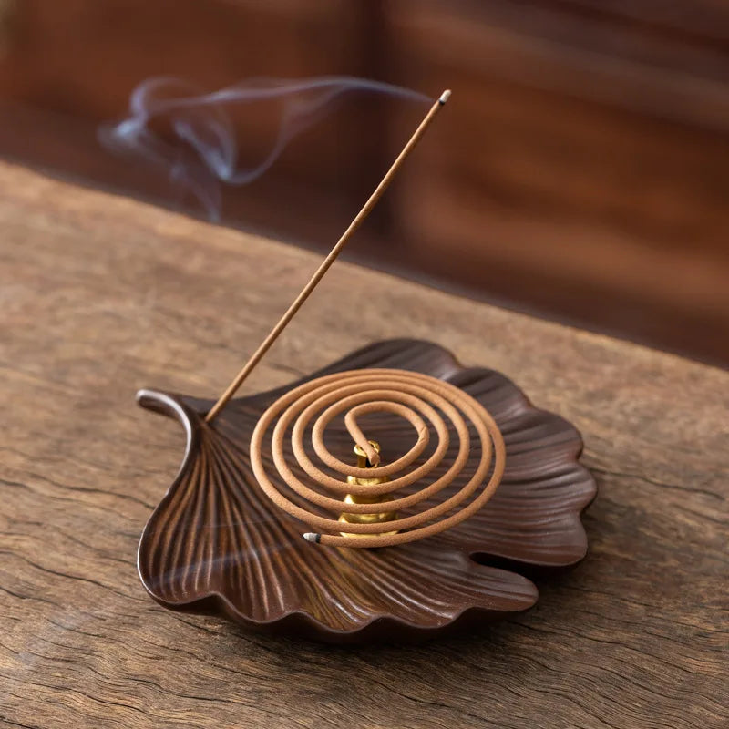 Ceramic Incense Ash Catcher & Holder - Multi-Functional Leaf-Shaped Tray for Spiral/Coil & Stick Incense, Antique Style Tool
