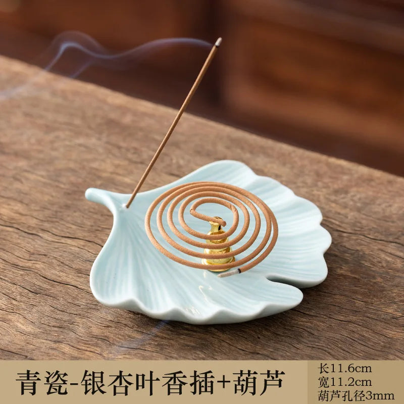 Ceramic Incense Ash Catcher & Holder - Multi-Functional Leaf-Shaped Tray for Spiral/Coil & Stick Incense, Antique Style Tool