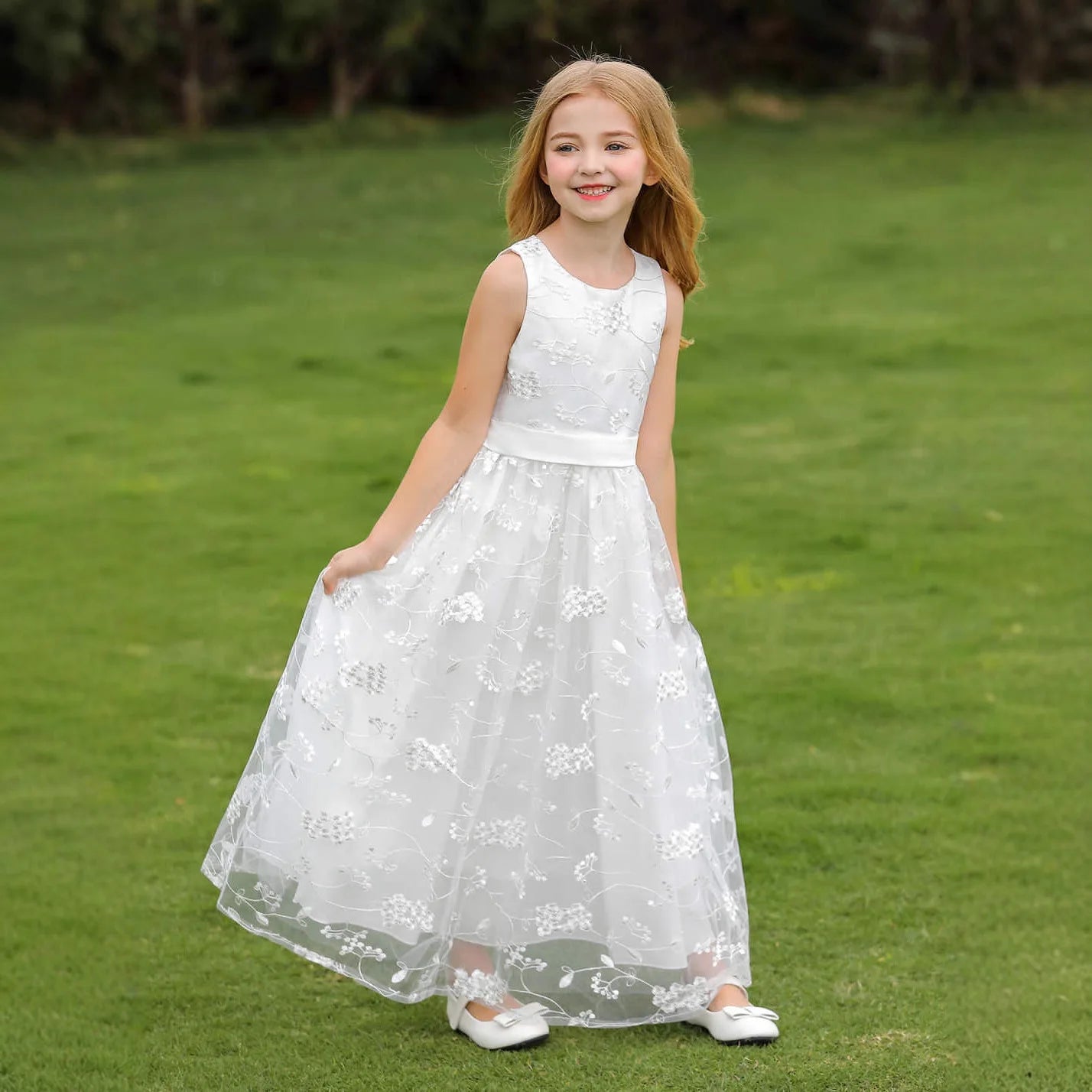 Elegant Lace White Girls Princess Dress Flower Girl Wedding Gown Kids Long Tulle Mesh Dress Child First Communion Party Vestidos