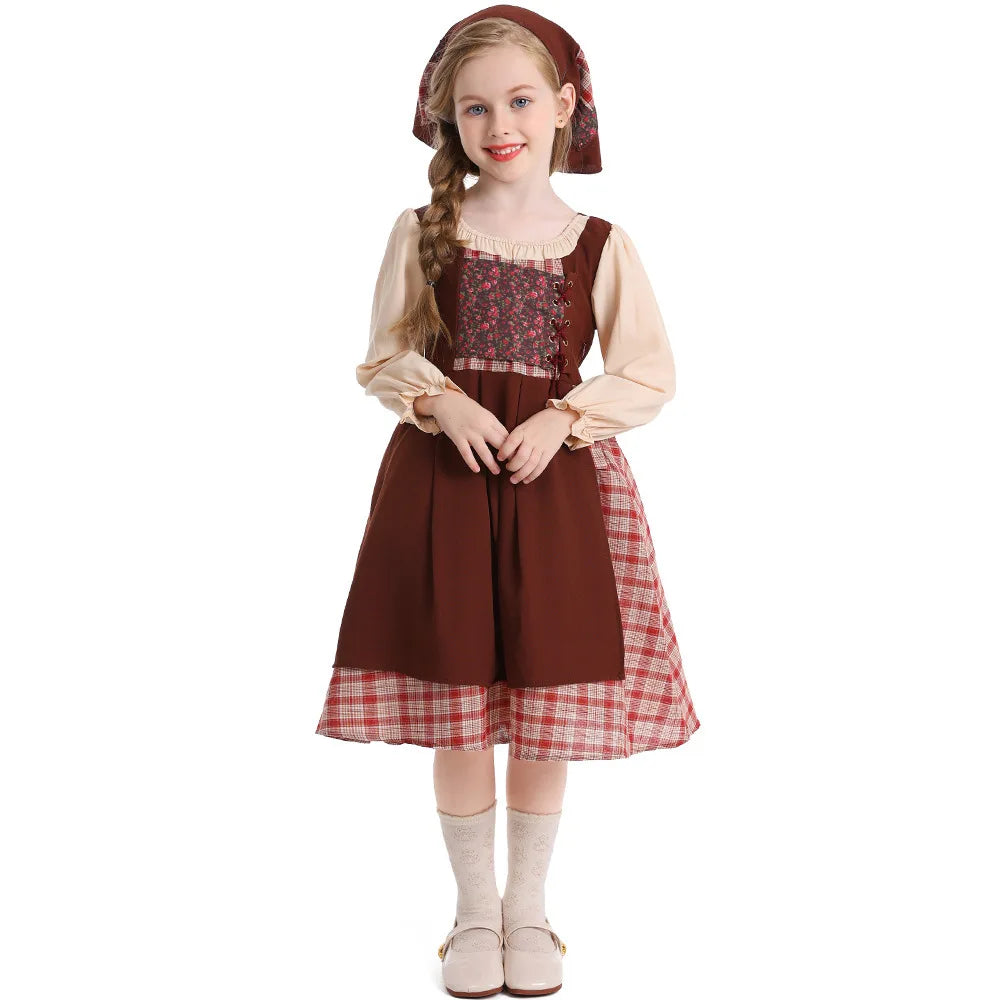 Auburn Little Match Girl Costume Kids Retro European Peasant Dress Children Russet Maid Outfit Stage Performance Halloween Wear
