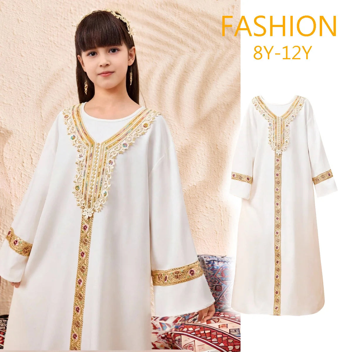 Elegant Lace Girls Princess Dress Long Sleeve Kids Gold Trim Gown Children Loose Kaftan Dress for Spring Autumn Party Vestidos
