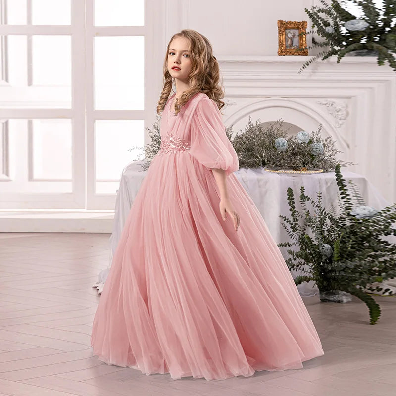 Luxury Girls Princess Dress Elegant Long Mesh Tulle Gown Big Kids Formal Party Event Dress Child Piano Performance Show Outfits