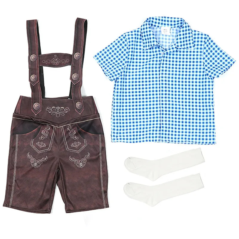 Retro Farmhouse Boys Plaid Shorts Kids Bavarian Oktoberfest Costume Children German Folk Dance Wear Halloween Carnival Party