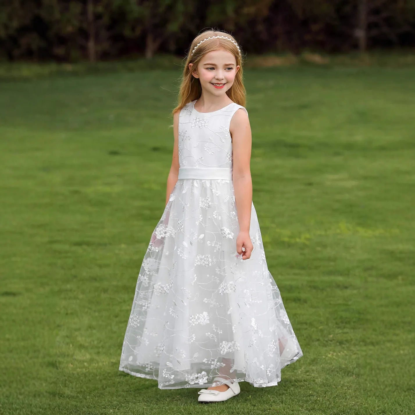 Elegant Lace White Girls Princess Dress Flower Girl Wedding Gown Kids Long Tulle Mesh Dress Child First Communion Party Vestidos