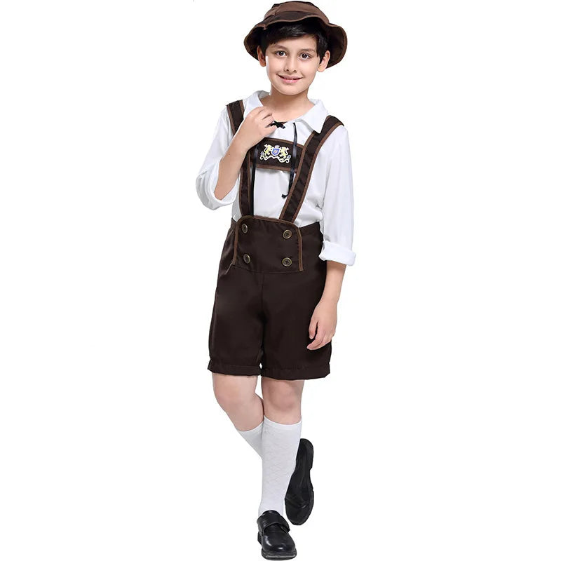 Bavarian German Oktoberfest Costume for Boys Kids Retro Alpine Boy Outfit Children Khaki Brown Suspender Pants Halloween Party