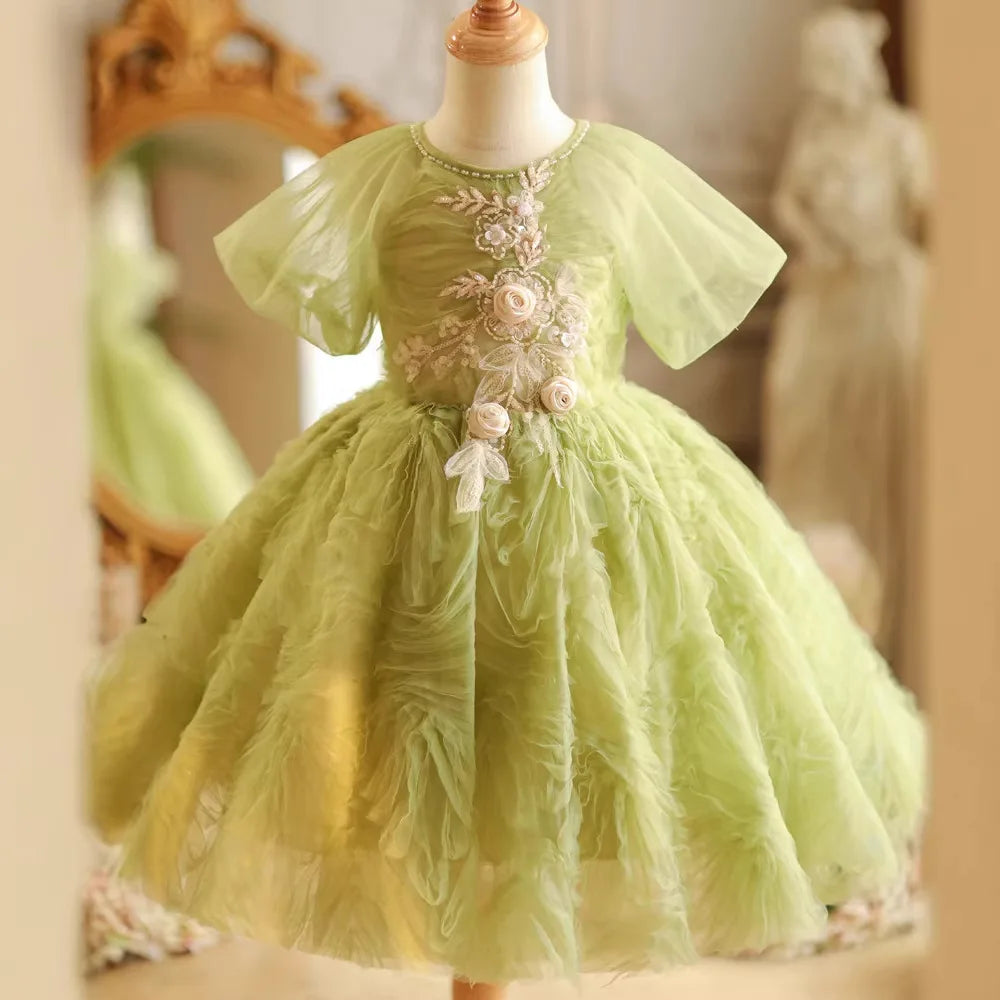 Elegant Green Flower Girls Dress for Wedding Kids Piano Competition Gown Children Host Performance Wear Birthday Party Outfits