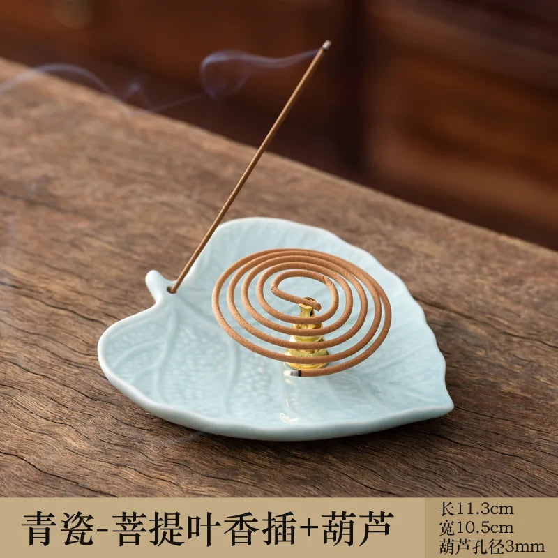 Ceramic Incense Ash Catcher & Holder - Multi-Functional Leaf-Shaped Tray for Spiral/Coil & Stick Incense, Antique Style Tool