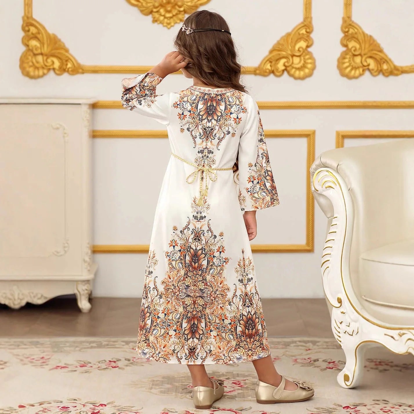 Ethnic Style Floral Print Girls Princess Dress Kids Elegant Long Gown Children Fashion Birthday Party Dress Summer Wear Vestidos
