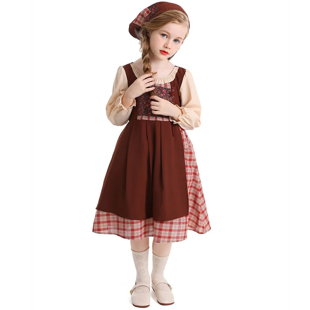 Auburn Little Match Girl Costume Kids Retro European Peasant Dress Children Russet Maid Outfit Stage Performance Halloween Wear