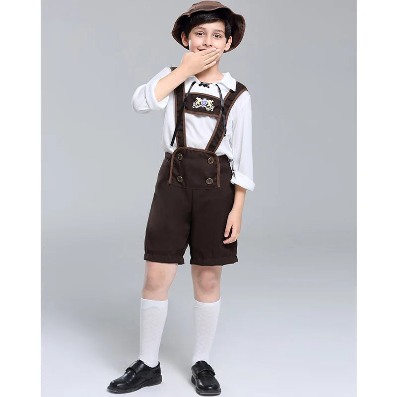 Bavarian German Oktoberfest Costume for Boys Kids Retro Alpine Boy Outfit Children Khaki Brown Suspender Pants Halloween Party