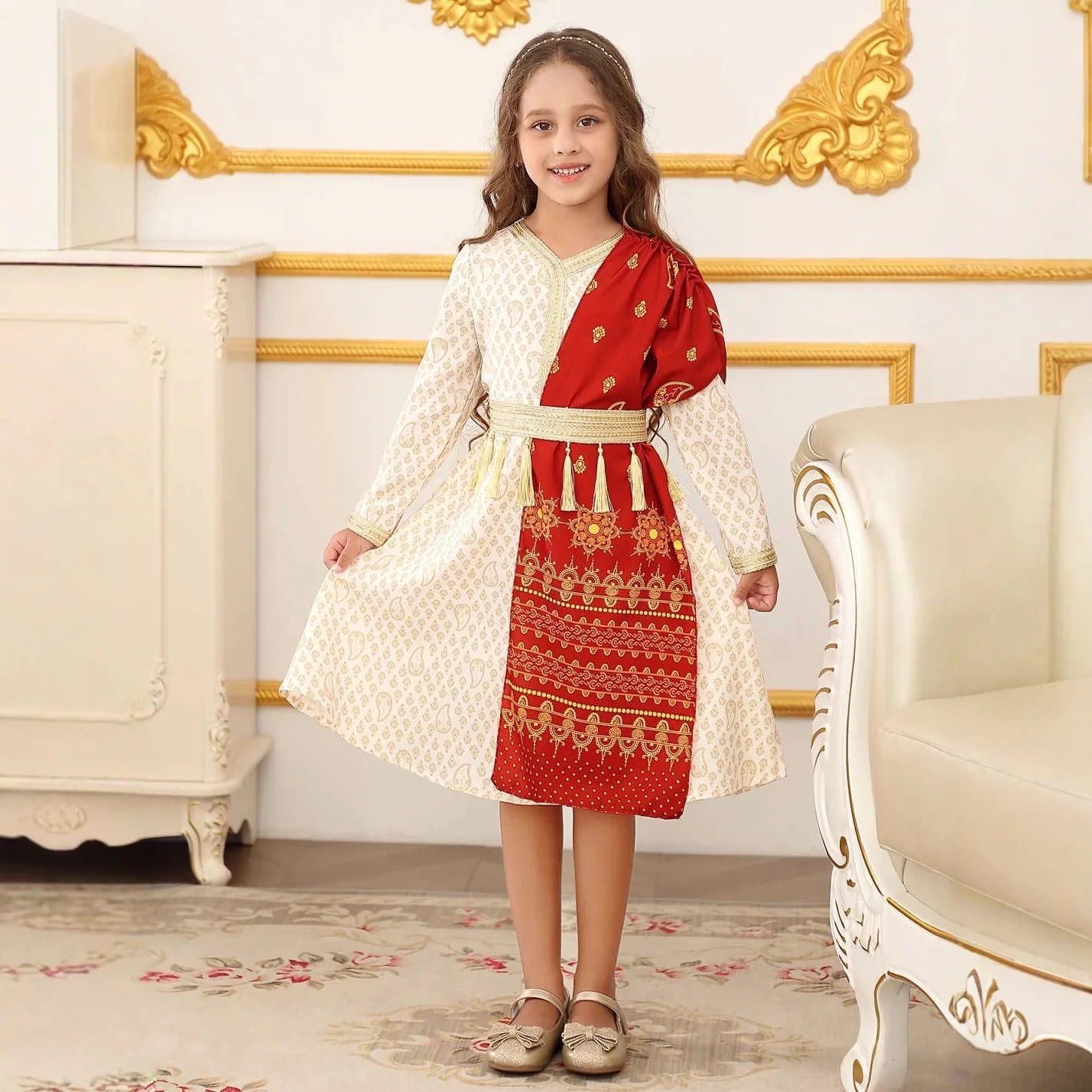 Ethnic Girls Princess Gown Luxury Red Tulle Dress Kids Elegant Formal Party Outfits Children Performance Wear Fashion Wear