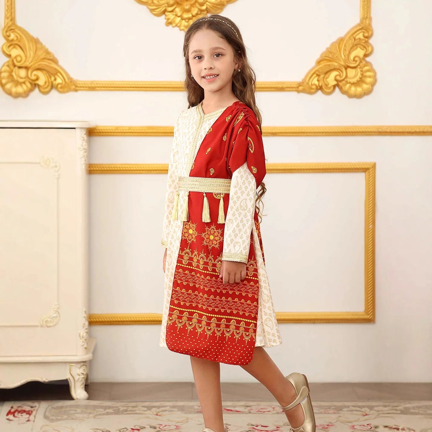 Ethnic Girls Princess Gown Luxury Red Tulle Dress Kids Elegant Formal Party Outfits Children Performance Wear Fashion Wear