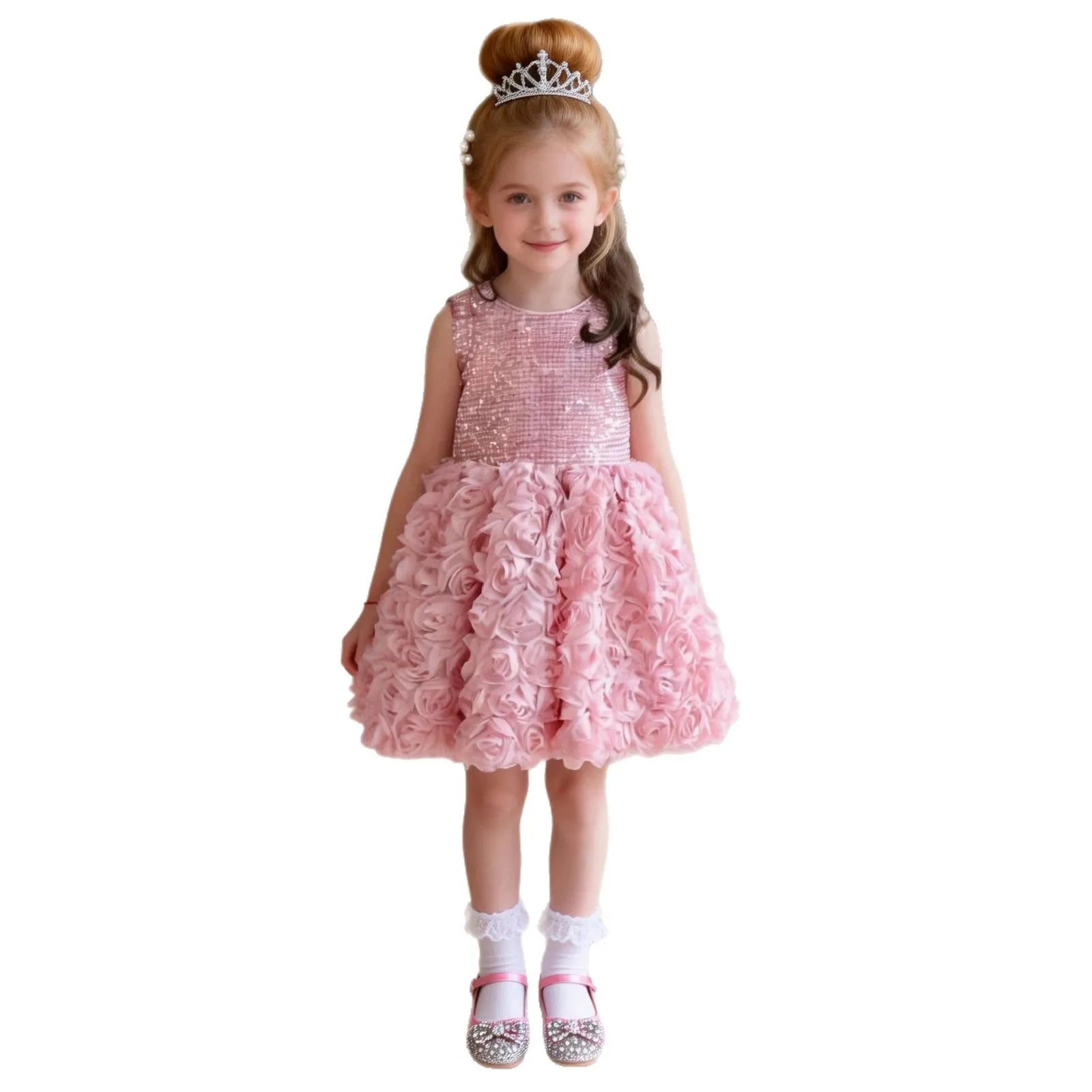Elegant Minimalist Girls Princess Gown 3D Floral Appliques Kids Luxury Puffy Tulle Dress Children Birthday Event Outfits