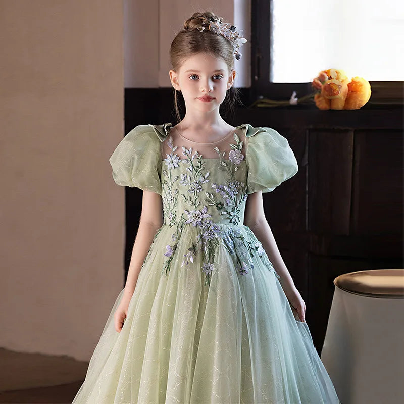 Luxury Forest Style Girls Princess Dress Elegant Mesh Tulle Gown High-end Formal Party Event Dress Children Piano Performance