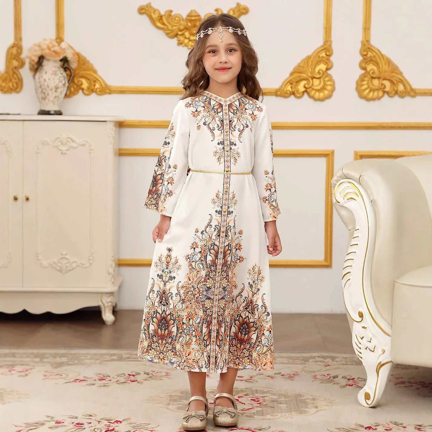 Ethnic Style Floral Print Girls Princess Dress Kids Elegant Long Gown Children Fashion Birthday Party Dress Summer Wear Vestidos