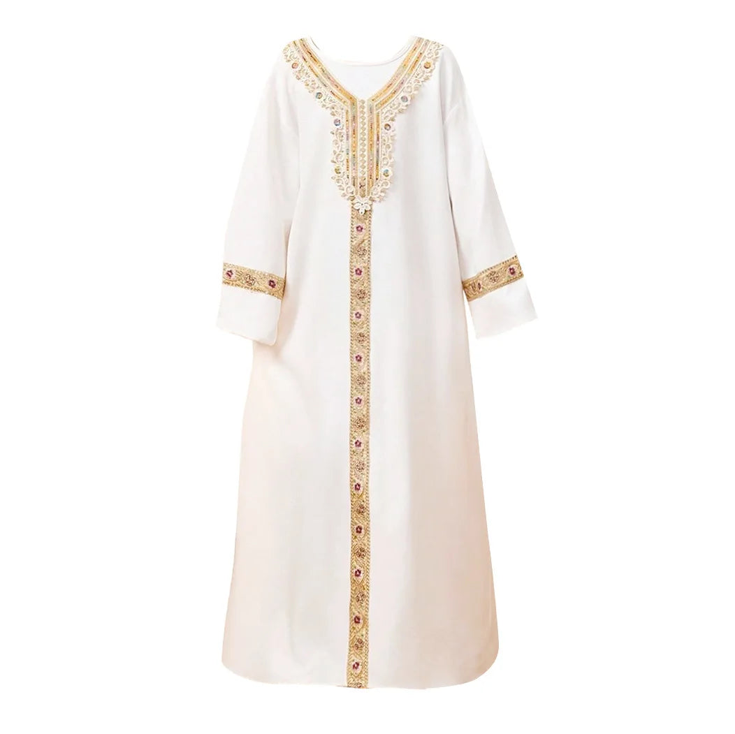 Elegant Lace Girls Princess Dress Long Sleeve Kids Gold Trim Gown Children Loose Kaftan Dress for Spring Autumn Party Vestidos