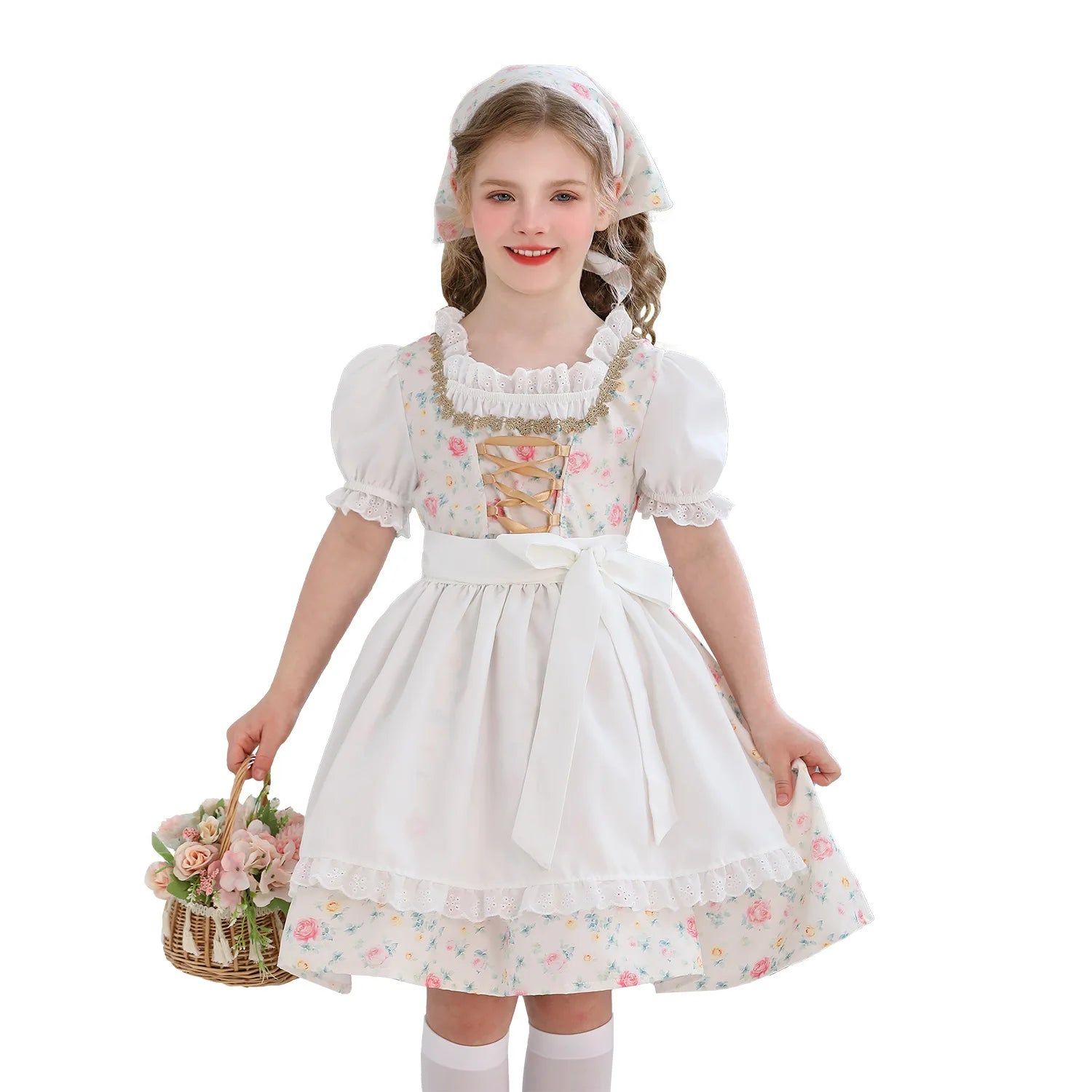 Vintage Pastoral Style Girls Dress with Apron Headscarf Kids Retro Farmhouse Maid Costume Children Stage Performance Clothing