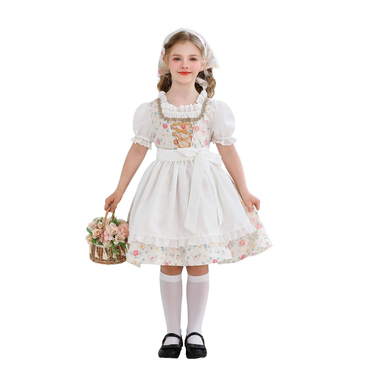 Vintage Pastoral Style Girls Dress with Apron Headscarf Kids Retro Farmhouse Maid Costume Children Stage Performance Clothing