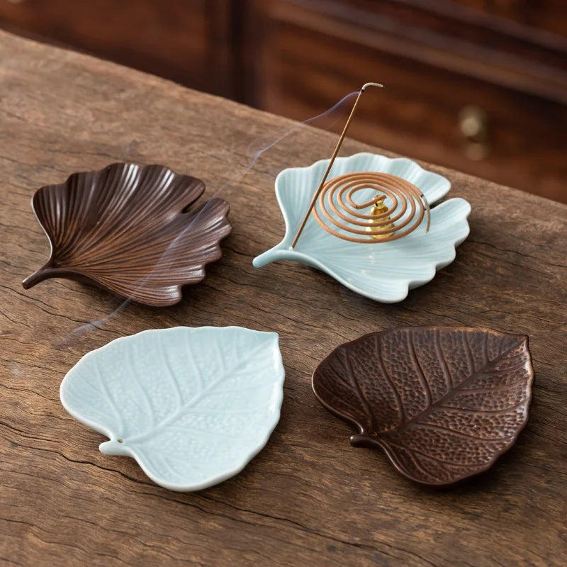 Ceramic Incense Ash Catcher & Holder - Multi-Functional Leaf-Shaped Tray for Spiral/Coil & Stick Incense, Antique Style Tool