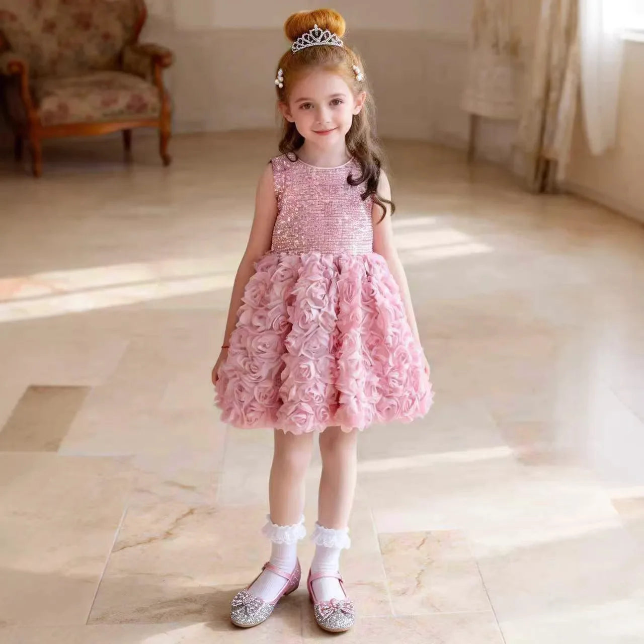 Elegant Minimalist Girls Princess Gown 3D Floral Appliques Kids Luxury Puffy Tulle Dress Children Birthday Event Outfits