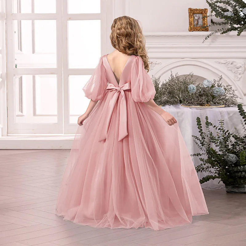 Luxury Girls Princess Dress Elegant Long Mesh Tulle Gown Big Kids Formal Party Event Dress Child Piano Performance Show Outfits
