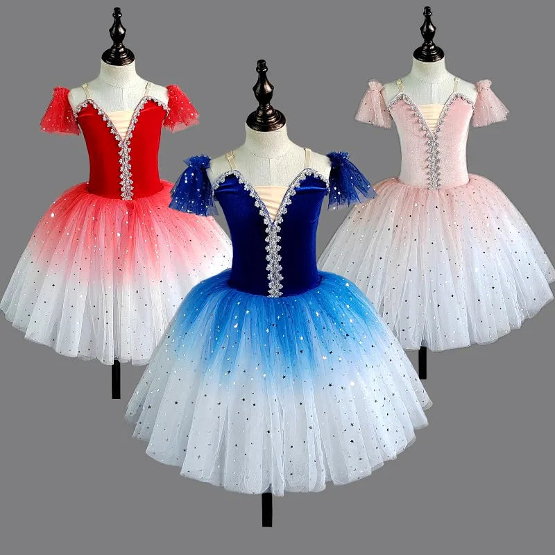 Professional Gradient Ballet Tutu Dress Kids Shiny Sequins Long Gauze Skirt Children Group Performance Outfits Princess Gown