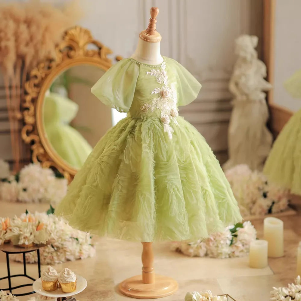 Elegant Green Flower Girls Dress for Wedding Kids Piano Competition Gown Children Host Performance Wear Birthday Party Outfits