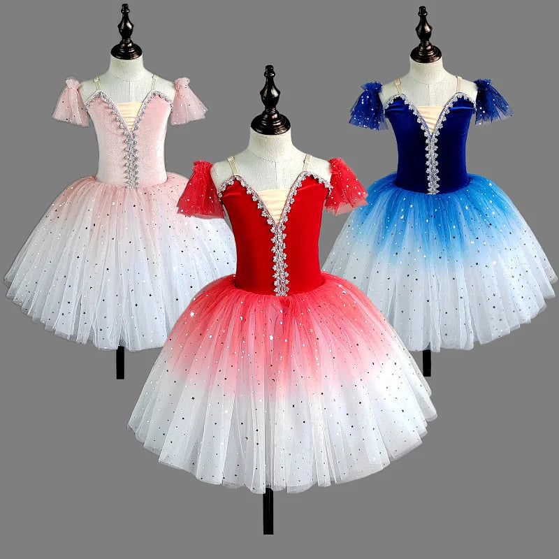Professional Gradient Ballet Tutu Dress Kids Shiny Sequins Long Gauze Skirt Children Group Performance Outfits Princess Gown