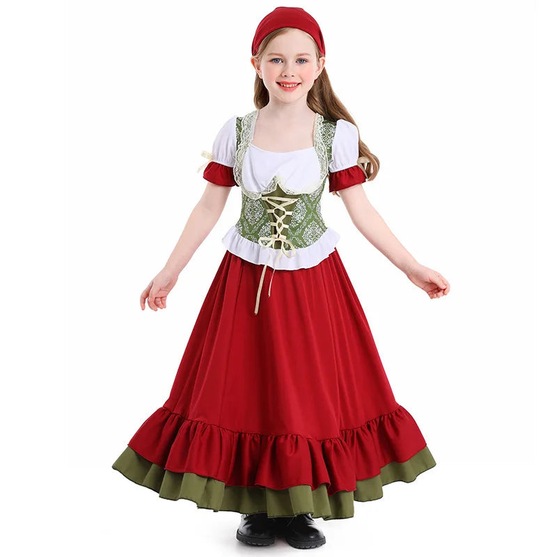 Wine Red Girl German Oktoberfest Costume Kids Bavarian 2-Piece Long Dress Children Beer Festival Dance Outfit Halloween Carnival