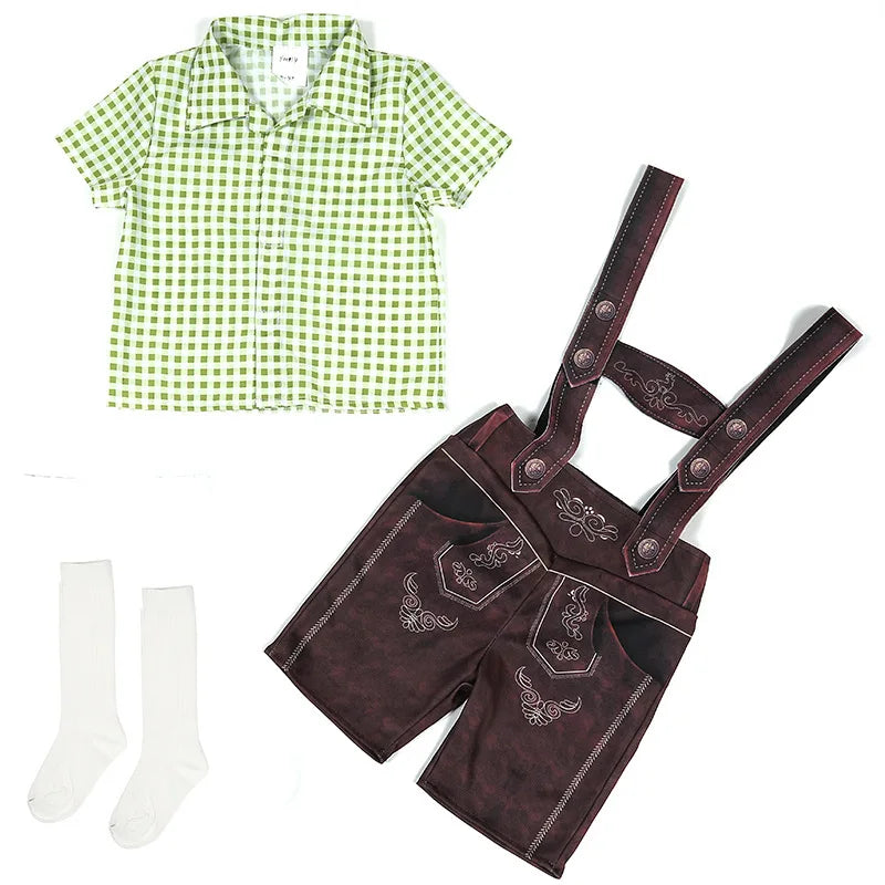 Retro Farmhouse Boys Plaid Shorts Kids Bavarian Oktoberfest Costume Children German Folk Dance Wear Halloween Carnival Party