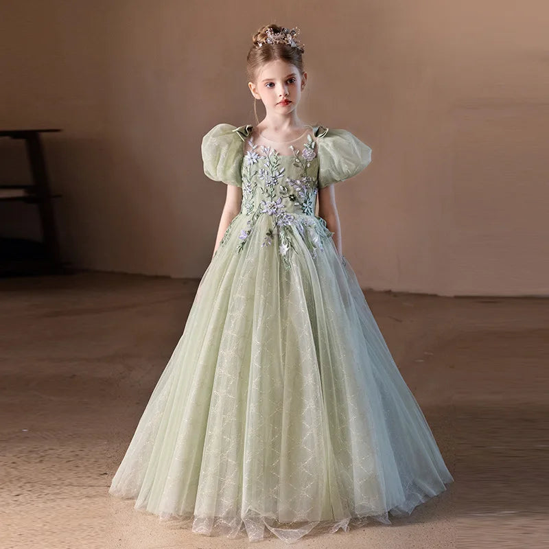 Luxury Forest Style Girls Princess Dress Elegant Mesh Tulle Gown High-end Formal Party Event Dress Children Piano Performance