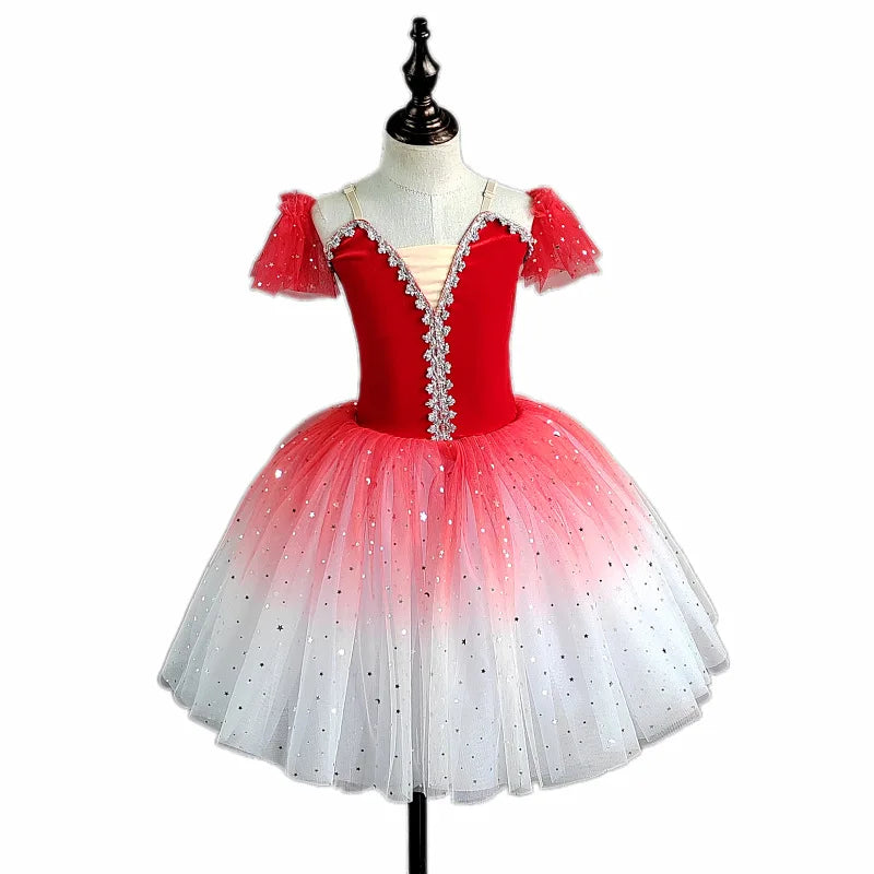 Professional Gradient Ballet Tutu Dress Kids Shiny Sequins Long Gauze Skirt Children Group Performance Outfits Princess Gown
