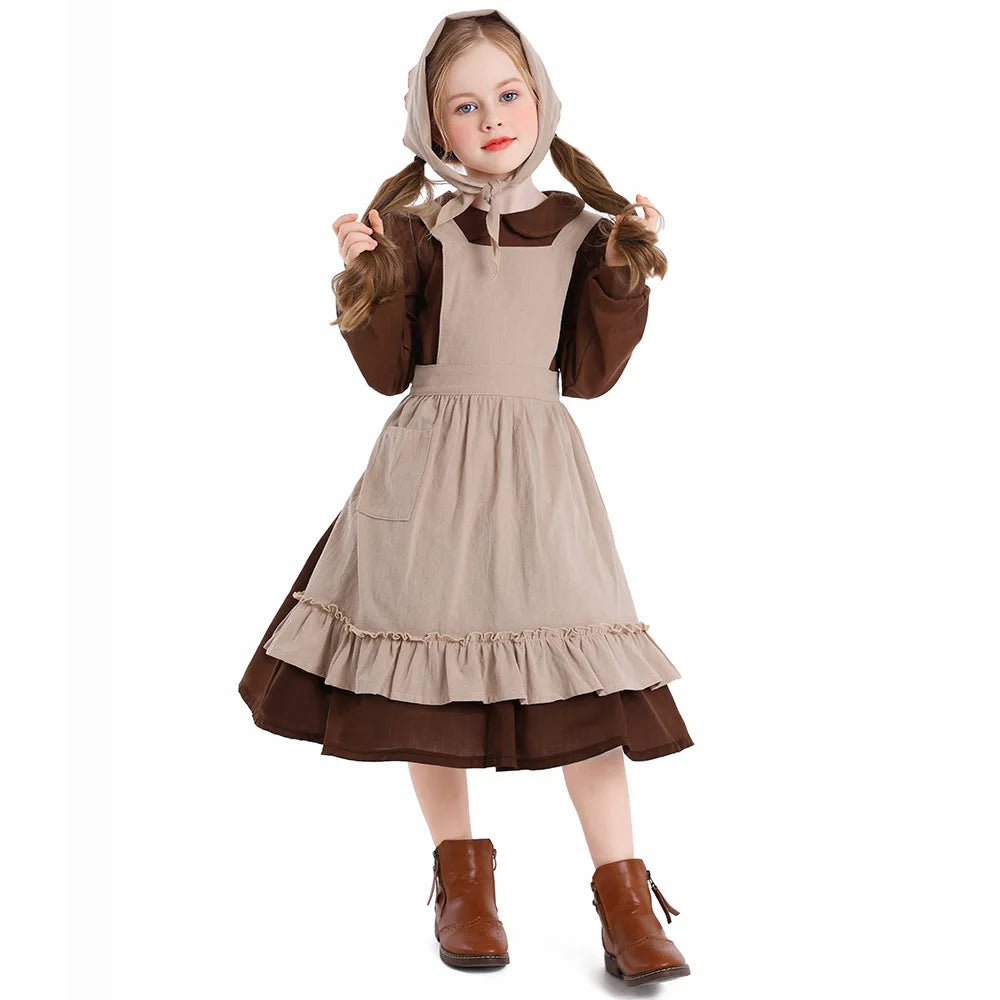 Costume for Girls Kids Retro Peasant Dress Children Fairy Tale Role Play Stage Performance Halloween Party Wear