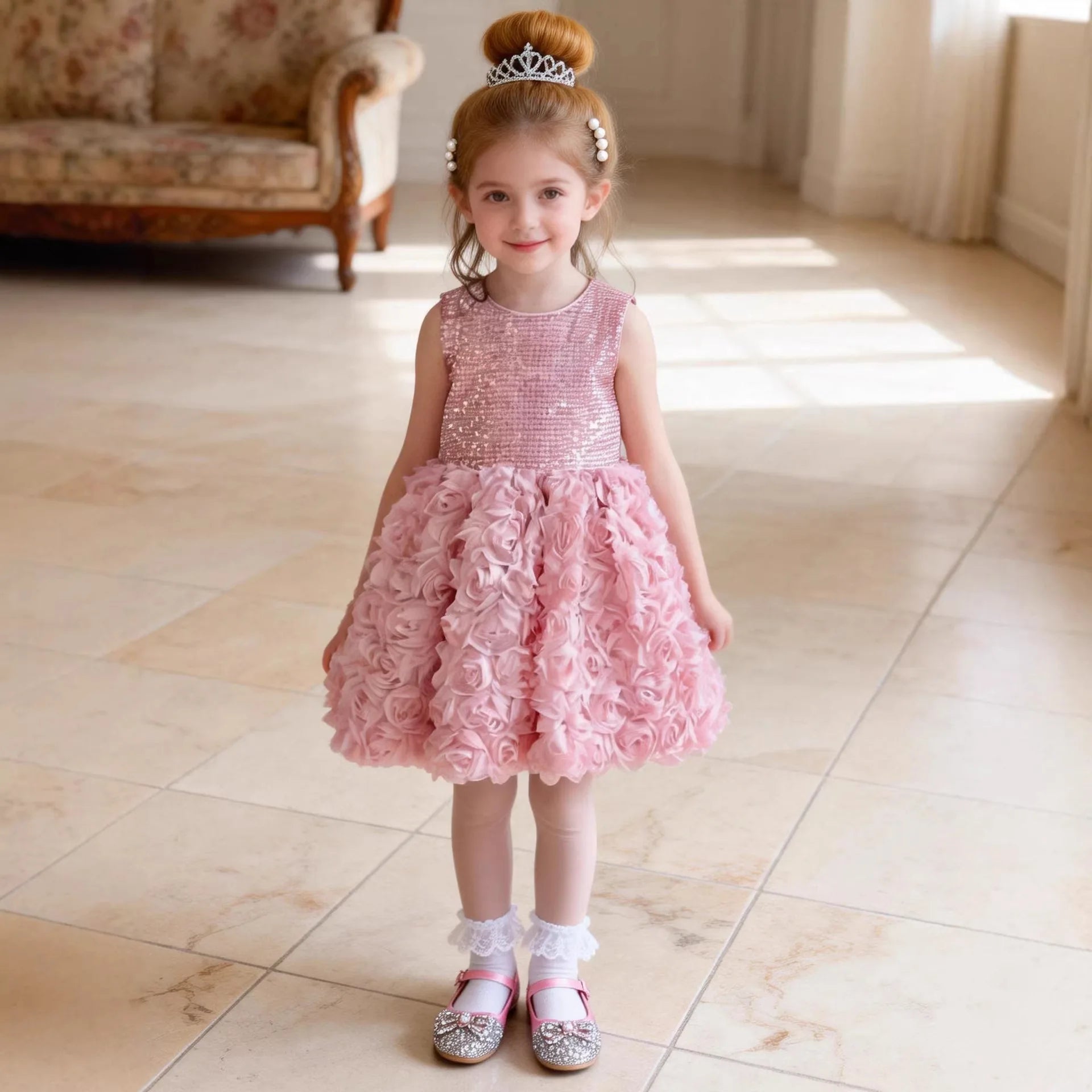 Elegant Minimalist Girls Princess Gown 3D Floral Appliques Kids Luxury Puffy Tulle Dress Children Birthday Event Outfits