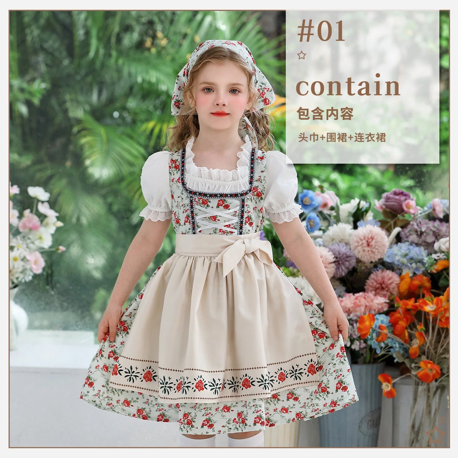 Vintage Pastoral Style Girls Dress with Apron Headscarf Kids Retro Farmhouse Maid Costume Children Stage Performance Clothing