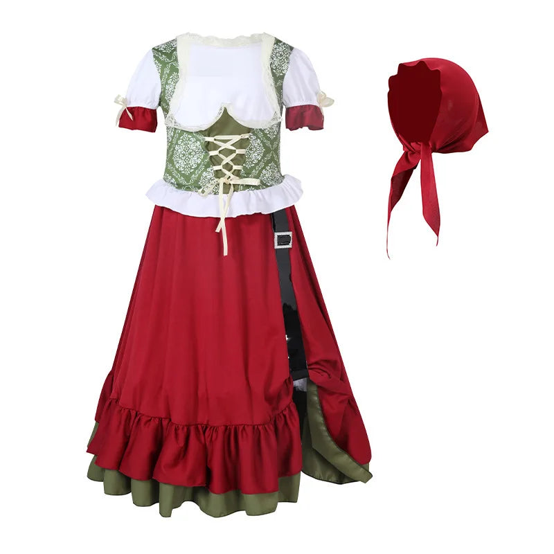 Wine Red Girl German Oktoberfest Costume Kids Bavarian 2-Piece Long Dress Children Beer Festival Dance Outfit Halloween Carnival