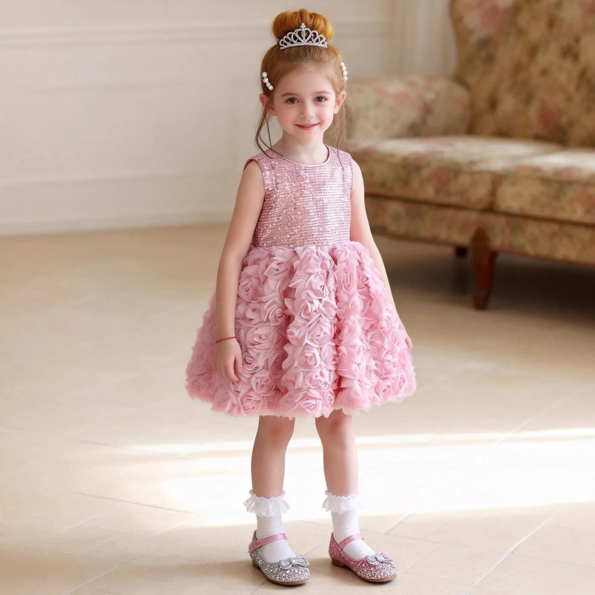 Elegant Minimalist Girls Princess Gown 3D Floral Appliques Kids Luxury Puffy Tulle Dress Children Birthday Event Outfits