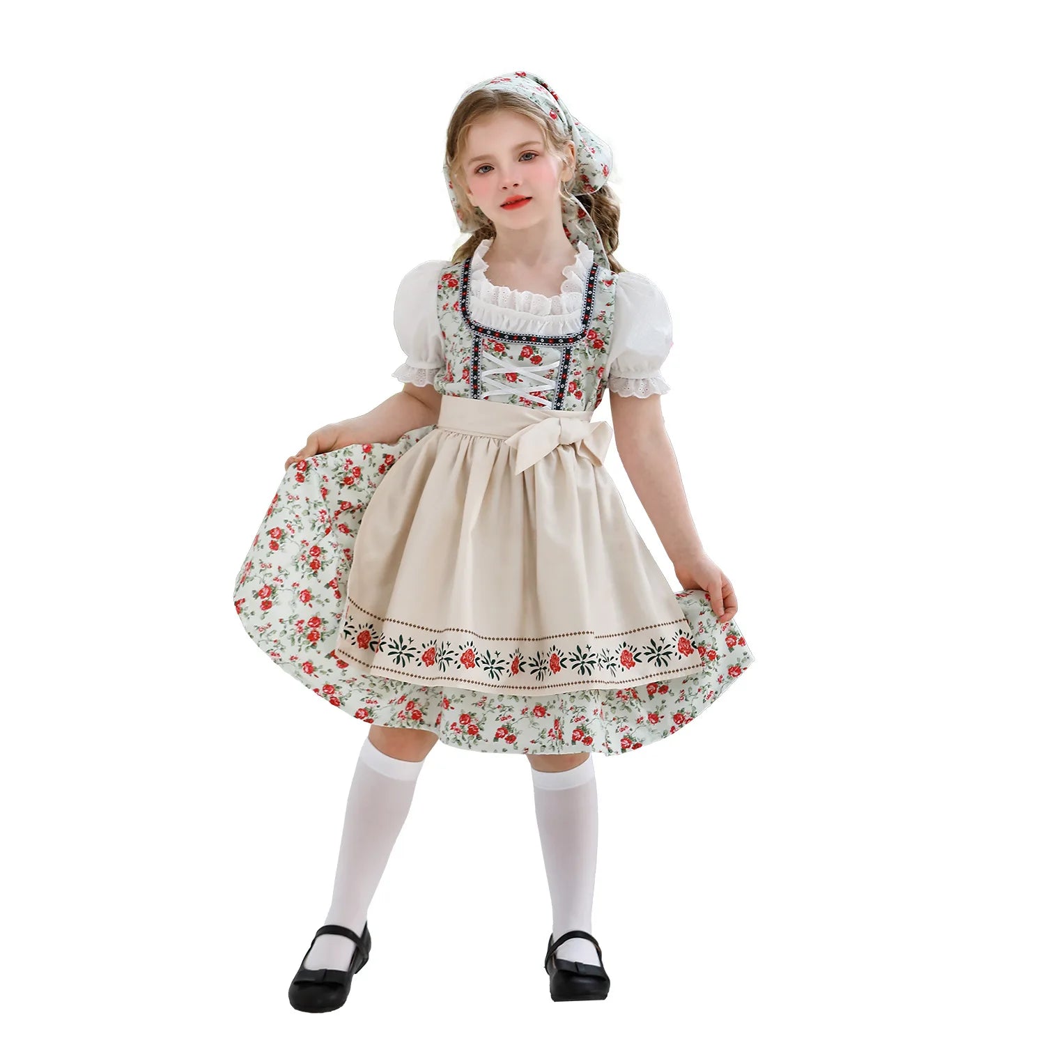 Vintage Pastoral Style Girls Dress with Apron Headscarf Kids Retro Farmhouse Maid Costume Children Stage Performance Clothing